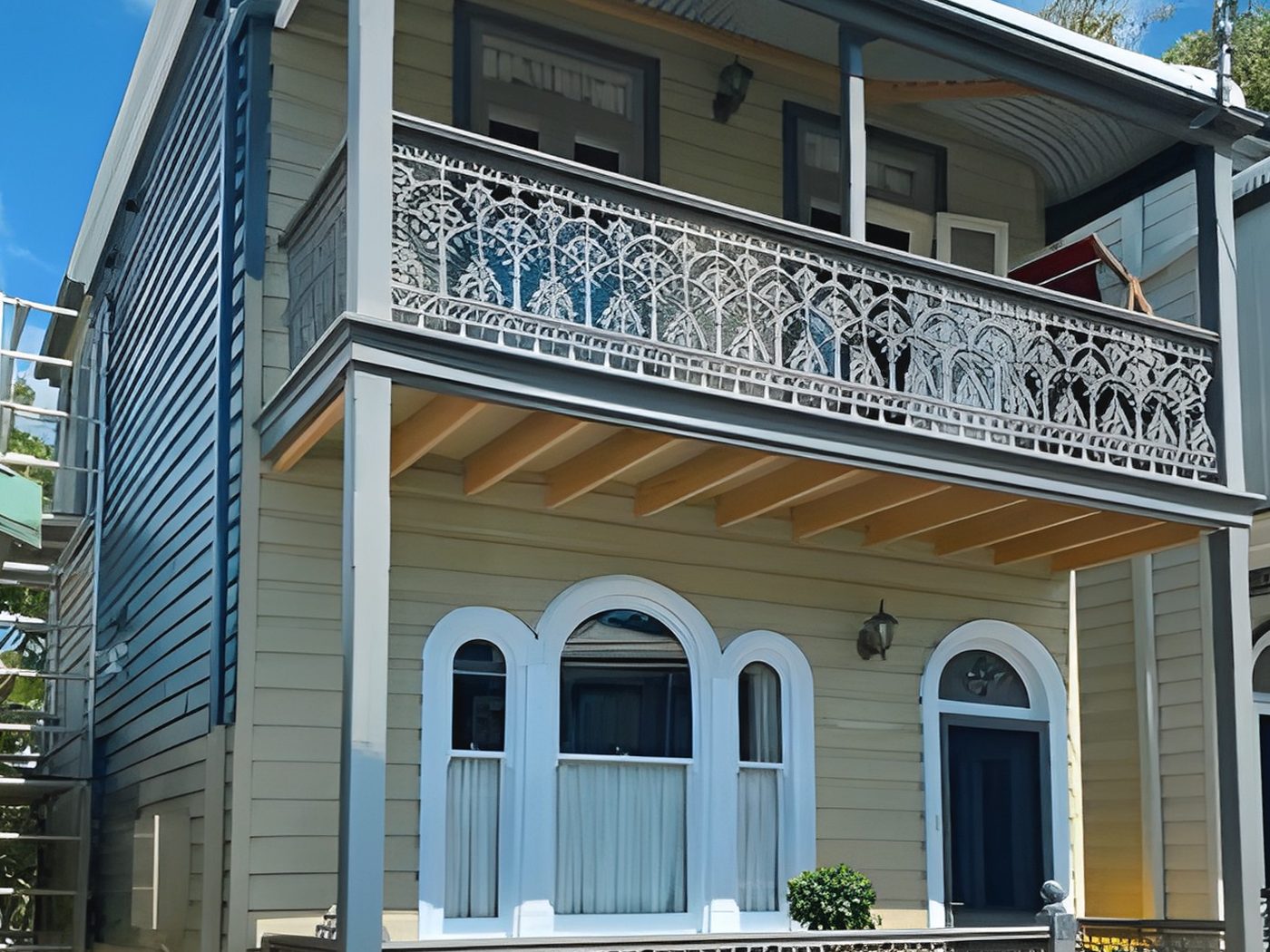 Before: Two storey terrace before painting, in cream with grey iron lace